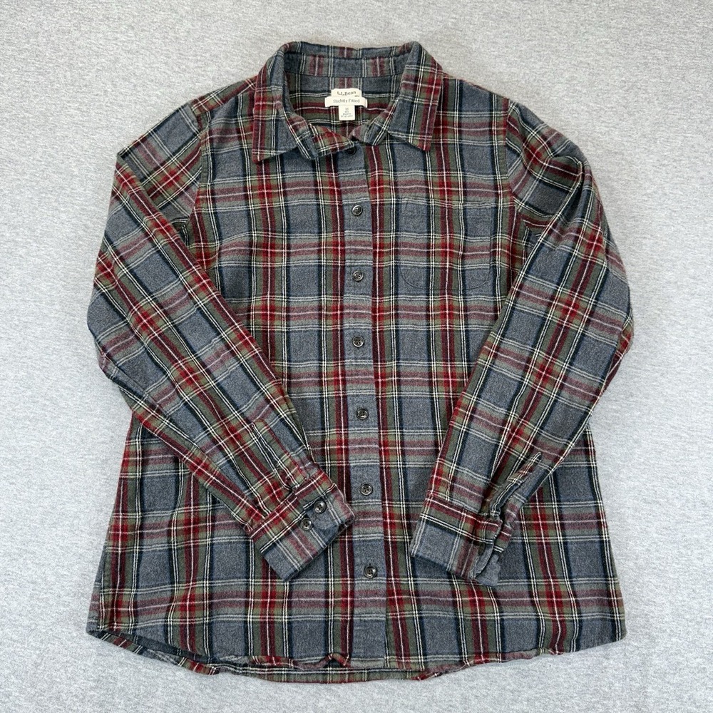 LL Bean Flannel Shirt Mens Medium Slightly Fitted Plaid Green Red Gray 298090